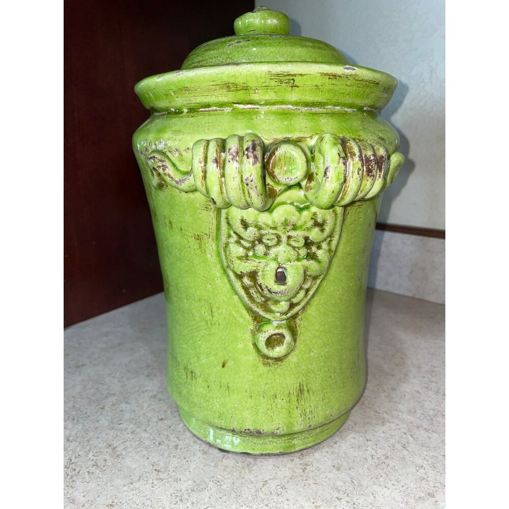 Vintage Green Ceramic Canister With Lid Ornate Decorative Design Distressed Fini